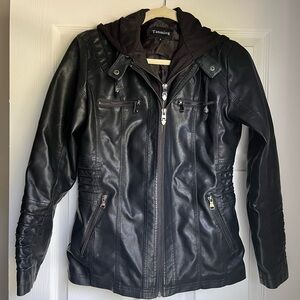 Faux leather jacket with removable hood